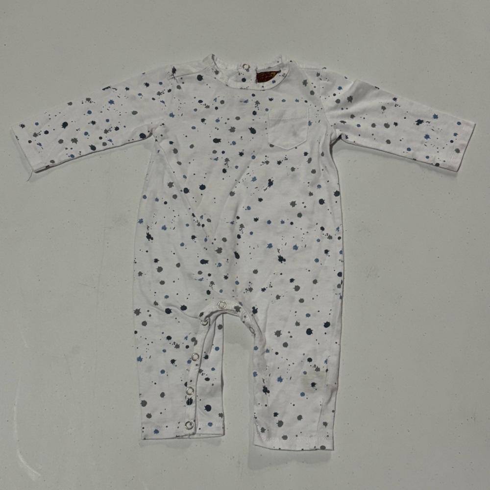 7 For All Mankind White Onesie, Blue and Grey, 3/6 Months